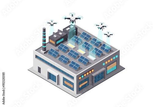 Modern industrial building with solar panels on the roof and drones flying overhead, viewed from an isometric perspective showcasing renewable energy and technology.