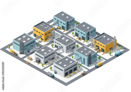 Isometric illustration of modern buildings and infrastructure in a city block with various structures and urban planning