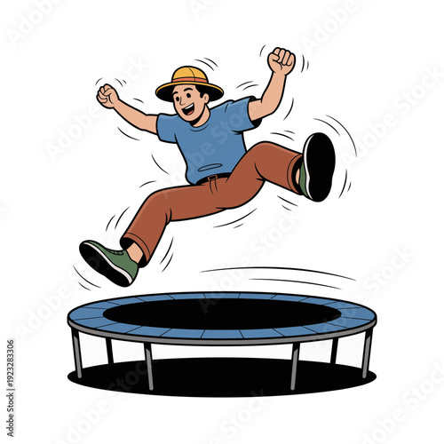 A cartoon boy jumping high on a trampoline with a joyful expression