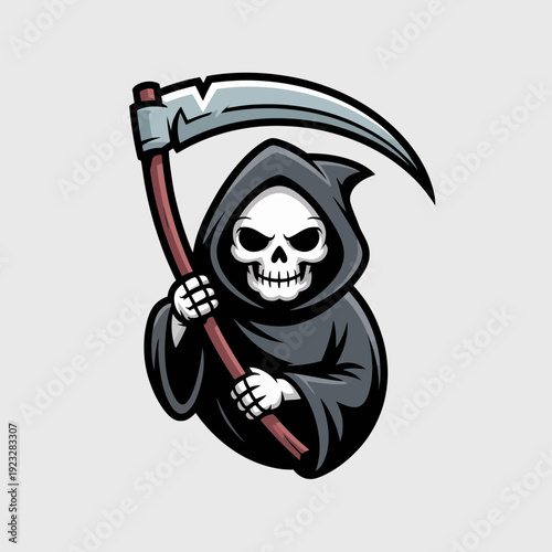 A cartoon grim reaper character holding a scythe in a minimalist vector illustration