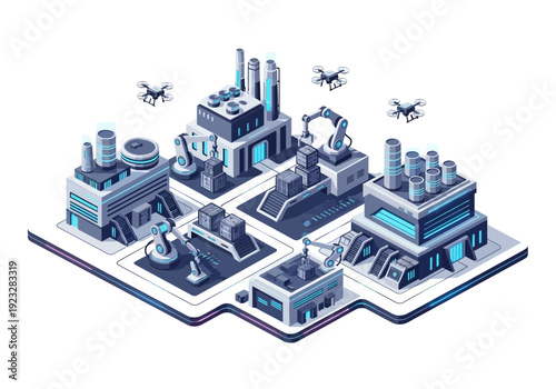 Industrial facility with drones and machinery in a futuristic isometric view