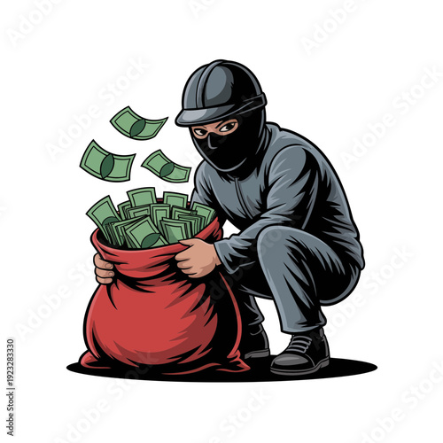 A cartoon thief in a black ski mask and grey outfit crouching next to a large red money bag with green bills floating out