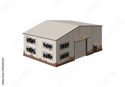 Industrial building with rusty metal exterior and multiple windows viewed from an isometric perspective