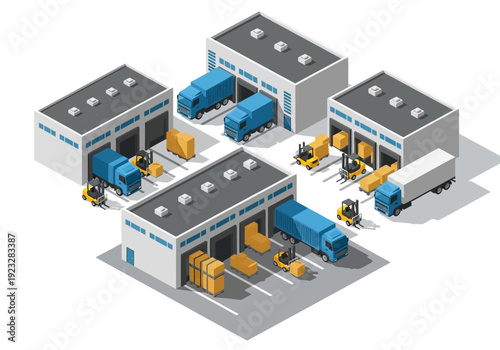 Isometric illustration of industrial warehouse complex with trucks and machinery in operation from aerial viewpoint