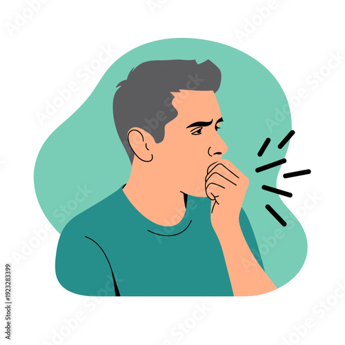A man coughing with a concerned expression on his face in a modern vector graphic illustration