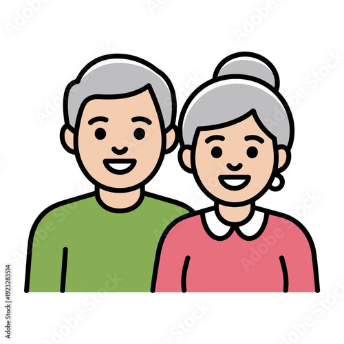 A smiling elderly couple standing together in a minimalist cartoon style