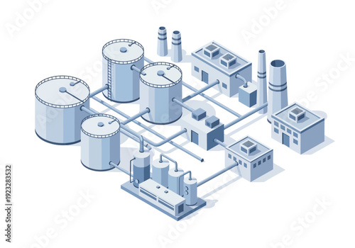 Industrial facility illustration showing tanks, buildings, and infrastructure in a complex layout viewed from above