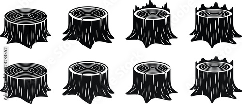Black vector silhouette set of eight diverse wood tree stumps showing age rings and textured bark for forestry logging environment conservation and woodworking branding