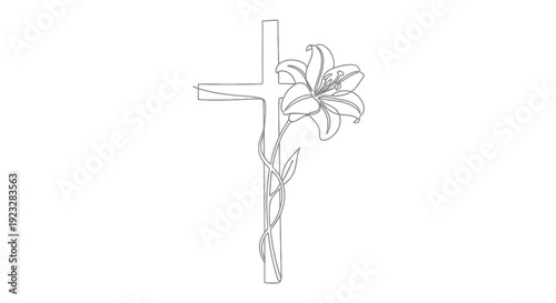 One line drawing of Christian cross with lily flower and Easter Sunday calligraphy text, religious holiday concept