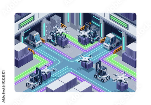 Automated warehouse facility with robotic forklifts and drones operating in an isometric view