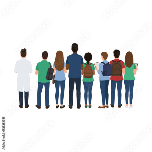 Rear view of a diverse group of students and a teacher standing together.