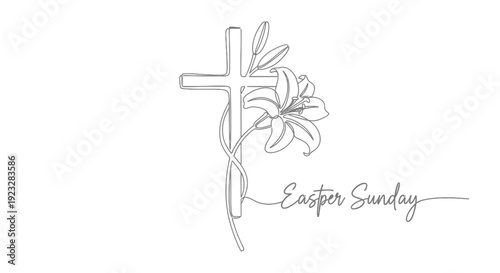 One line drawing of Christian cross with lily flower and Easter Sunday calligraphy text, religious holiday concept