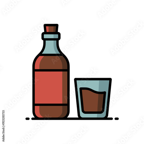 A minimalist vector illustration of a liquor bottle and shot glass