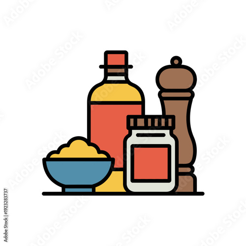 A colorful vector illustration of kitchen condiments and spices, including a bottle of oil, a pepper mill, and a bowl of seasoning.