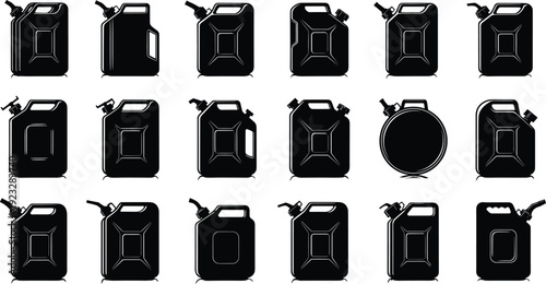 Black vector silhouette set of eighteen diverse fuel jerrycans and gas containers with nozzles for automotive industrial transport oil storage and emergency energy branding
