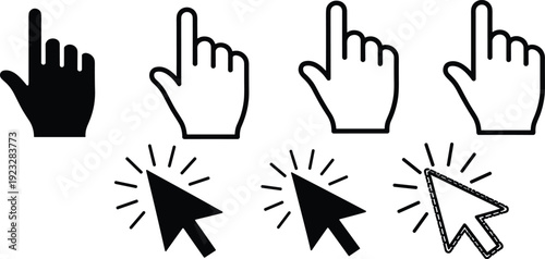 Collection of digital cursor icons featuring various hand pointing gestures and arrow pointers with clicking effects for user interface and website design