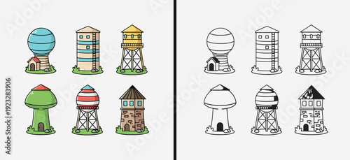 Lighthouse Mushroom Illustration Set, Coastal Tower Sketch Vector Art, Fantasy Mushroom Drawing Clipart, Nautical Beacon Graphic Design, Fairytale Toadstool Art Pack, Sea Navigation Collection, Whimsi