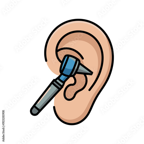 A cartoon illustration of a hearing aid inserted into a human ear