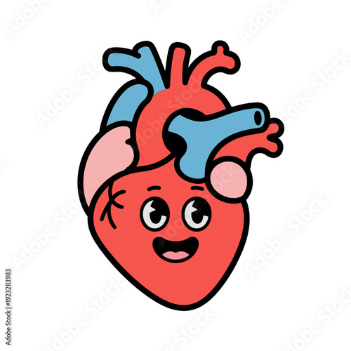 A cheerful cartoon heart with a smile and colorful arteries and veins on a white background