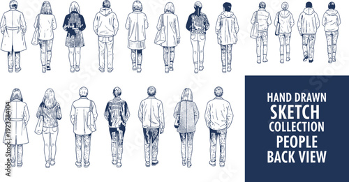 Hand drawn sketch collection of people back view, walking men and women in casual clothes, urban street crowd vector illustration, outdoor group
