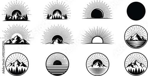 Mountain landscape sunburst collection, outdoor adventure nature badge set, sunrise over peaks and forest silhouette, vintage travel emblem for camping hiking design