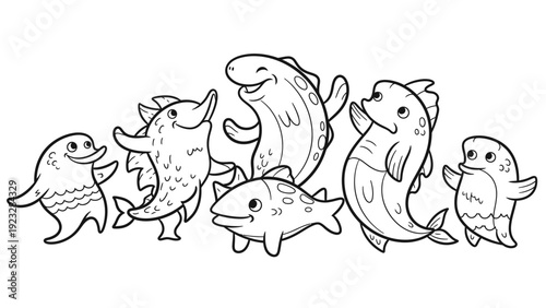 Happy Cartoon Fish Group Coloring Page.