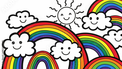 Colorful Cartoon Rainbows and Smiling Clouds.
