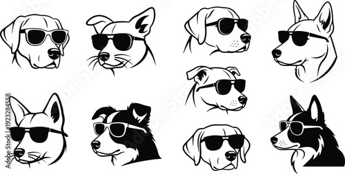 Set of minimalist dog head silhouette icons wearing sunglasses featuring various breeds like labrador husky and border collie for cool pet branding