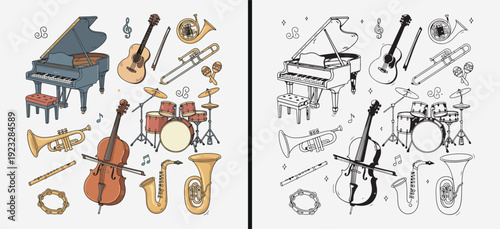 Musical Instrument Drum Band Set, Music Equipment Vector Illustration, Percussion Drumkit Sketch Clipart, Band Stage Performance Graphic, Guitar Cowboy Hat Western Pack, Concert Music Gear Collection,