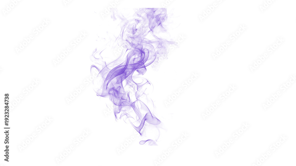 Fototapeta premium Delicate tendrils of translucent purple smoke rise organically on a white background, perfect for adding subtle visual interest.