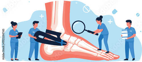 Flat vector illustration of medical team examining human foot anatomy for podiatry and orthopedic surgery concept
