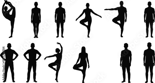 Vector silhouettes set of diverse people in yoga poses and standing positions isolated on white background for fitness and wellness concepts