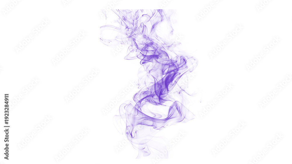 Fototapeta premium A singular strand of deep purple smoke ascends and twists intricately against a luminous white space, suggesting mystery and elegance.
