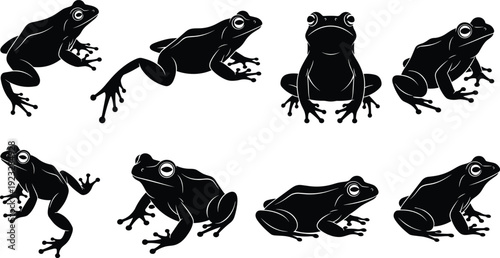 Frog silhouettes collection, sitting leaping crouching poses, black vector illustration, amphibian posture design, minimal wildlife background art