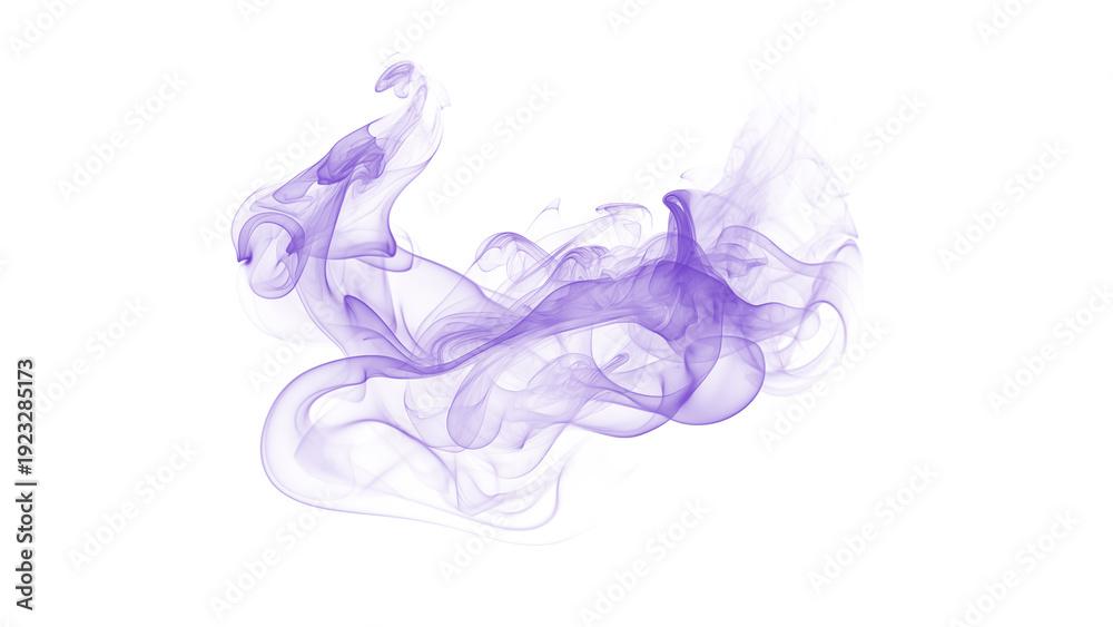 Obraz premium Intricate purple smoke formations drift elegantly against a white backdrop, ideal for adding abstract visual flair.