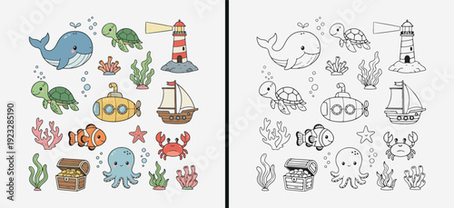 sea life doodle vector set, hand drawn ocean elements collection, marine outline illustration pack, black and white nautical icons, underwater sketch design bundle