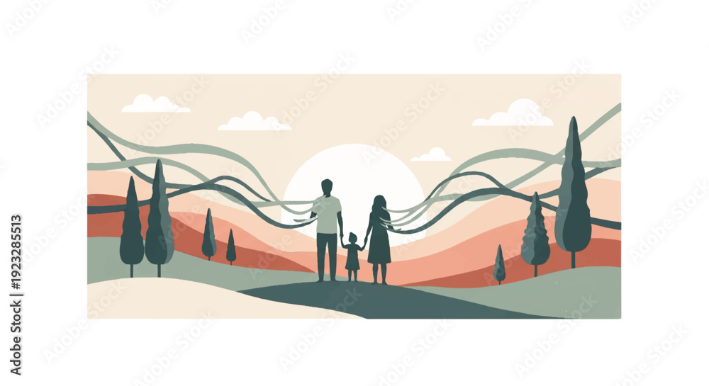 Naklejka premium Family silhouette at sunset in a stylized landscape with rolling hills and trees, symbolizing unity and hope.