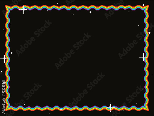 Wavy Pride Flag Ribbon Frame with Glitter effct, Black Background, Pixel Art Style