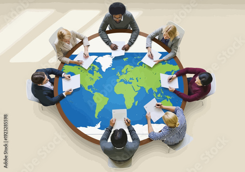 Diverse group of people sitting around a table with a world map on it in a meeting or discussion setting with papers and pens