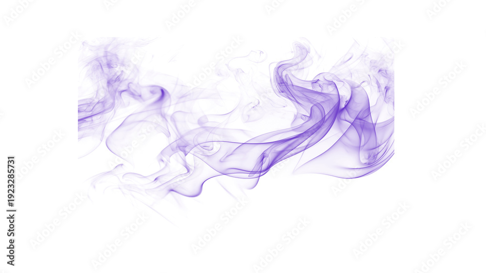Fototapeta premium Vibrant purple smoke swirling upwards on a clean white background, abstract energy and movement