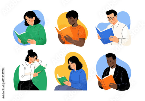 Diverse group of people reading books in colorful illustration style