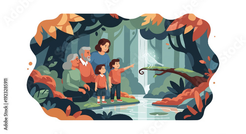 A multi-generational family enjoys a beautiful waterfall scene in a lush, vibrant forest setting.