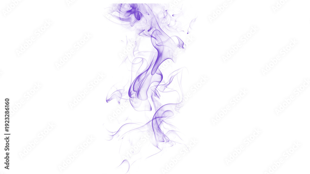 Obraz premium Soaring purple smoke forms intricate shapes and delicate lines, a vertical abstract element on a clean white background.