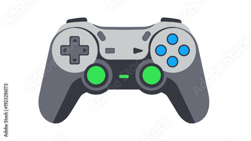 Gray gaming controller with buttons.