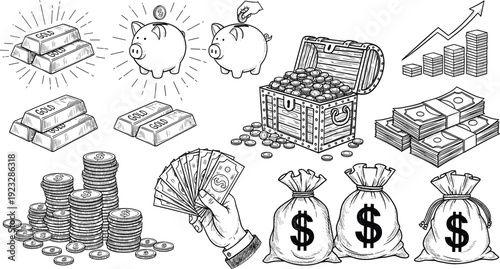 Hand-drawn finance icon set featuring gold bars piggy banks treasure chest currency stacks and money bags