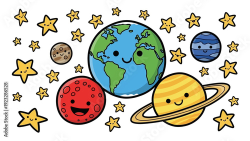 Cartoon planets and stars smiling.