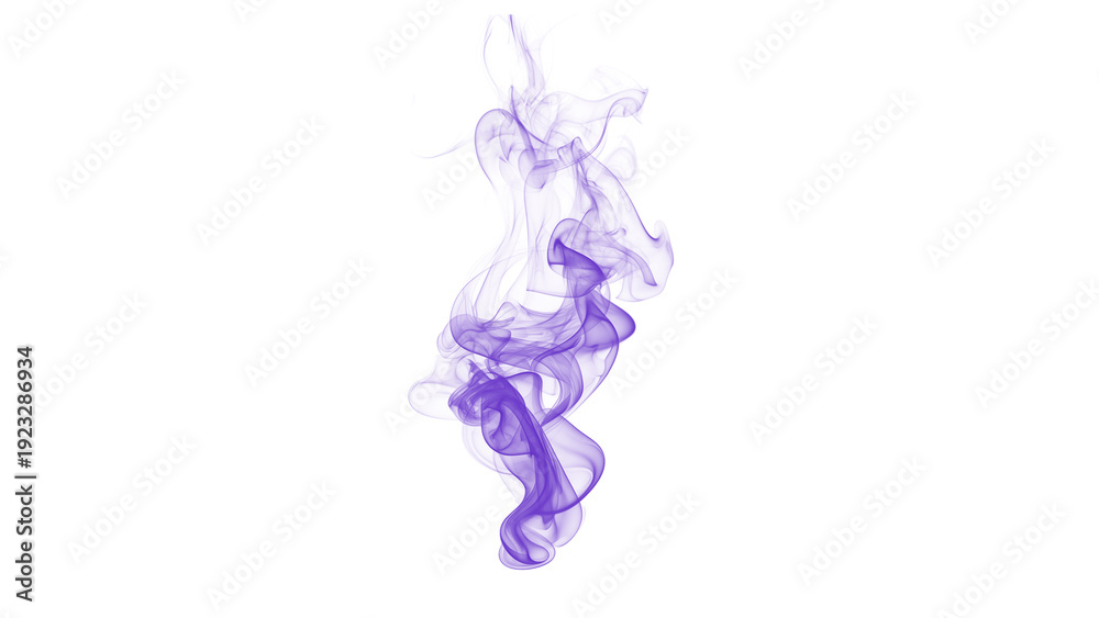 Obraz premium Graceful Vertical Purple Smoke Plume Abstractly Flowing and Swirling on a Clean White Background, Representing Calmness, Fragrance, and Ethereal Energy