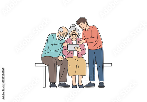 Young man demonstrates tablet usage to elderly couple on a bench representing family connection and technology adoption across generations in a white