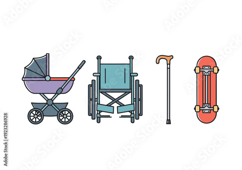 Collection of diverse personal mobility and transportation objects including baby pram wheelchair walking cane and skateboard illustrating different