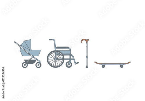 Collection of transportation items illustrating life stages from infancy to old age and recreation